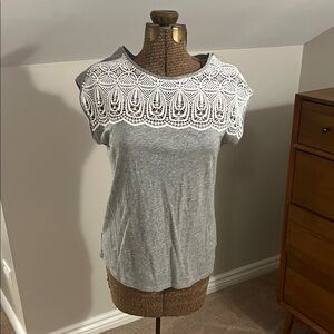 LOFT Gray Top with White Lace Yoke